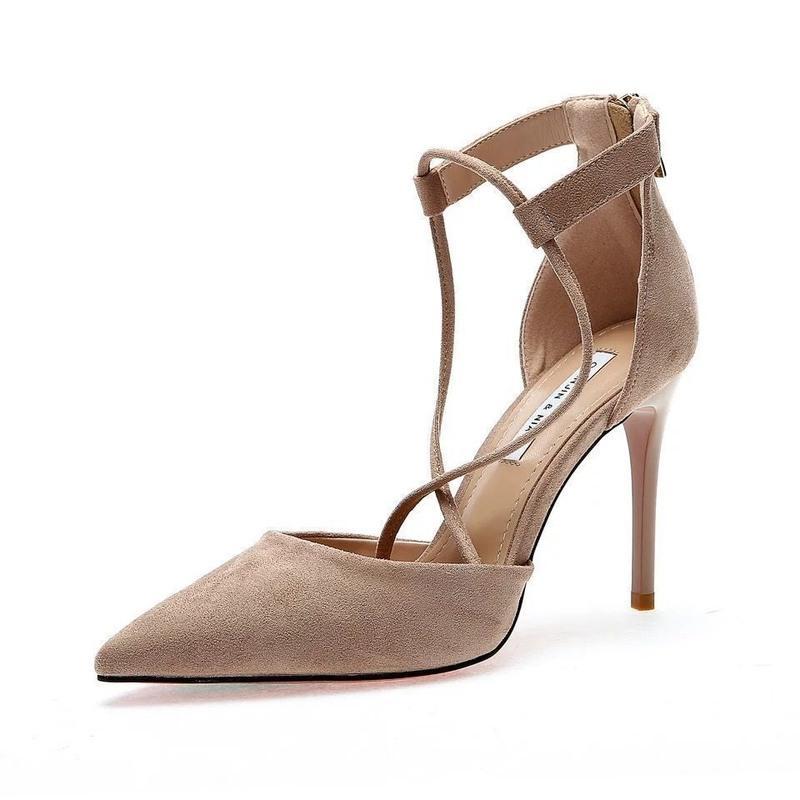 后拉链交叉绑带尖头罗马高跟鞋女21春夏新款细跟宴会礼服单鞋 黑色1cm