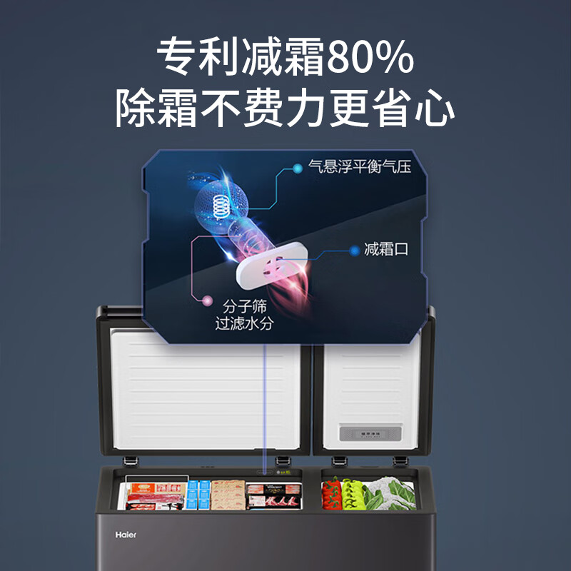 海尔冷柜双温双箱无需除霜 冰柜家用卧式减霜一边冷藏一边冷冻商用两用大容量双温冷柜节能省电 无需除霜丨钢板内胆丨 216升高清大图
