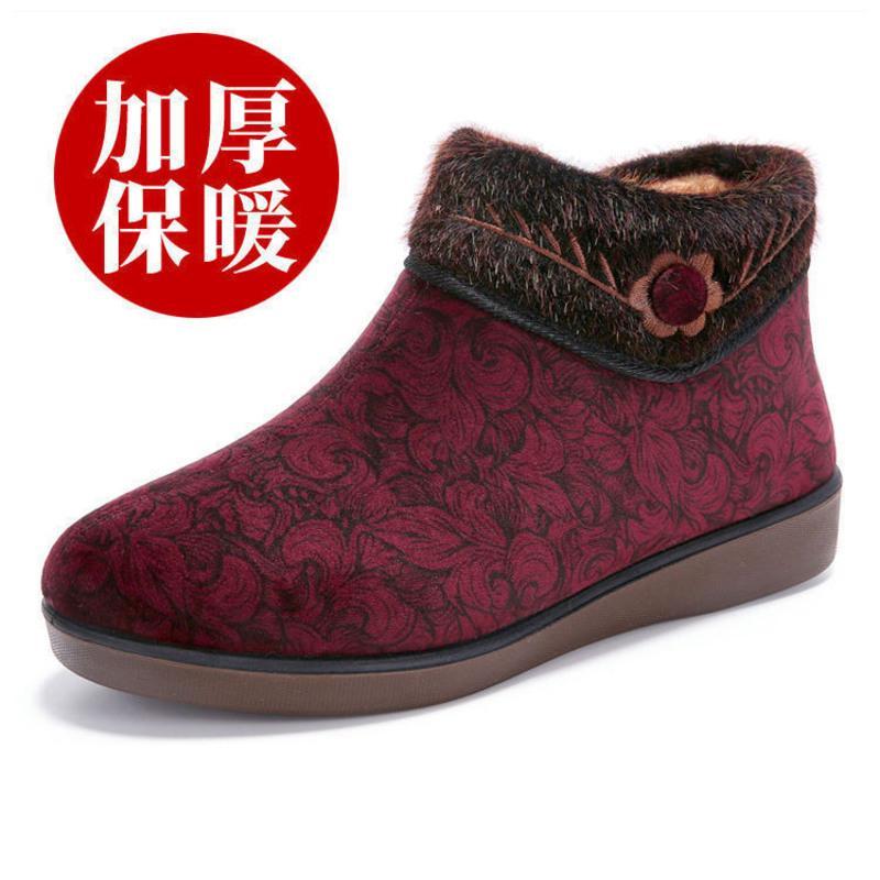 老北京布鞋女棉鞋冬季女鞋老年软底防滑老太太棉靴平跟老人奶奶鞋 红色 33