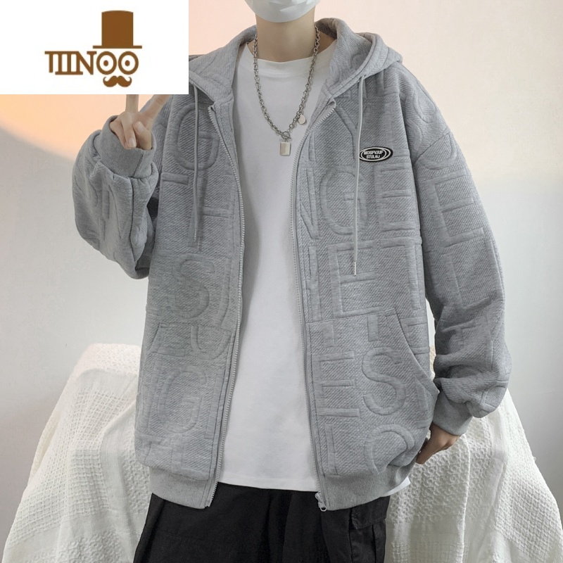 YANXU外套男新款潮牌拉链字母开衫卫衣ins港风百搭宽松连帽上i高清大图