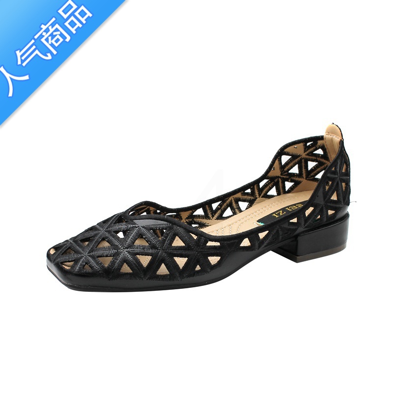 SUNTEK凉鞋女夏中跟2023夏款罗马风刺绣镂空复古方头粗跟单鞋透气洞洞刺高清大图