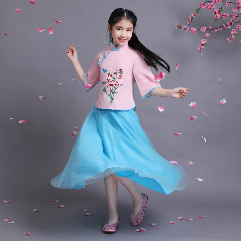 古筝演出服女大童儿童民国风童装学生服装小姐装唐装汉服古装女童合唱