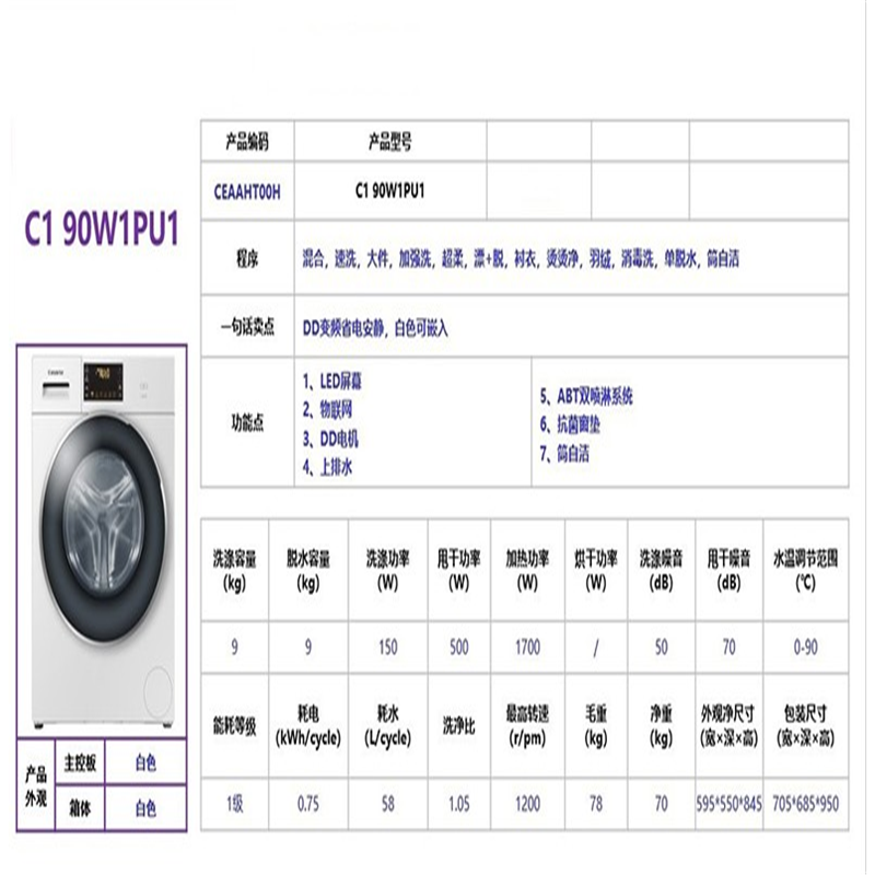 海尔(haier) 卡萨帝滚筒洗衣机c190w1pu1 9千克 家用 单个价