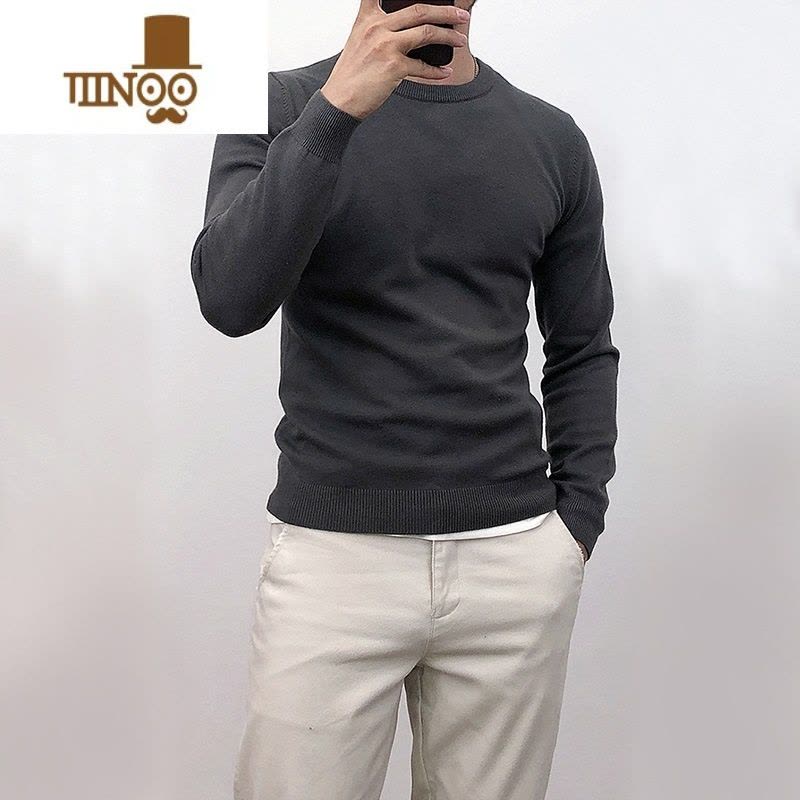 YANXU纯色薄款圆领打底针织衫男韩版修身套头毛衣内搭线衫男士上衣图片