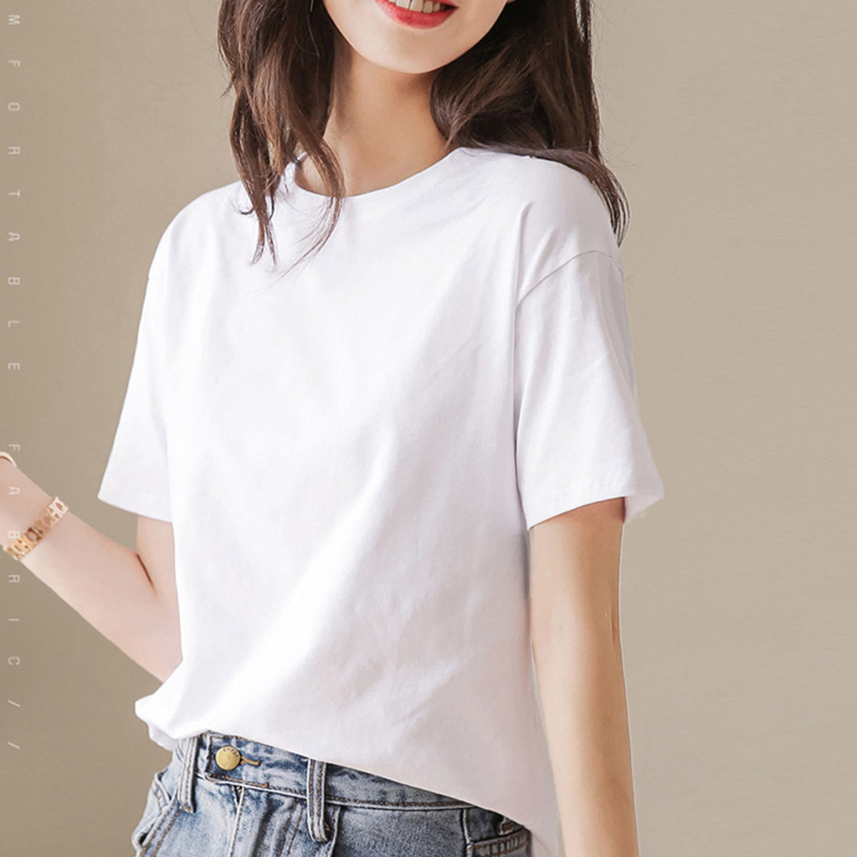 唐狮夏季短袖t恤女简约圆领净色打底上衣时尚流行潮高清大图