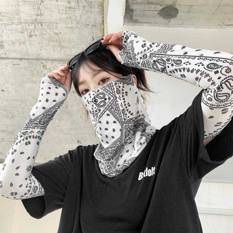冰丝防晒面罩女骑行面巾男夏天遮阳防紫外线护颈围脖脖套挂耳面纱 腰果白【面罩+袖套】两件套男女通用