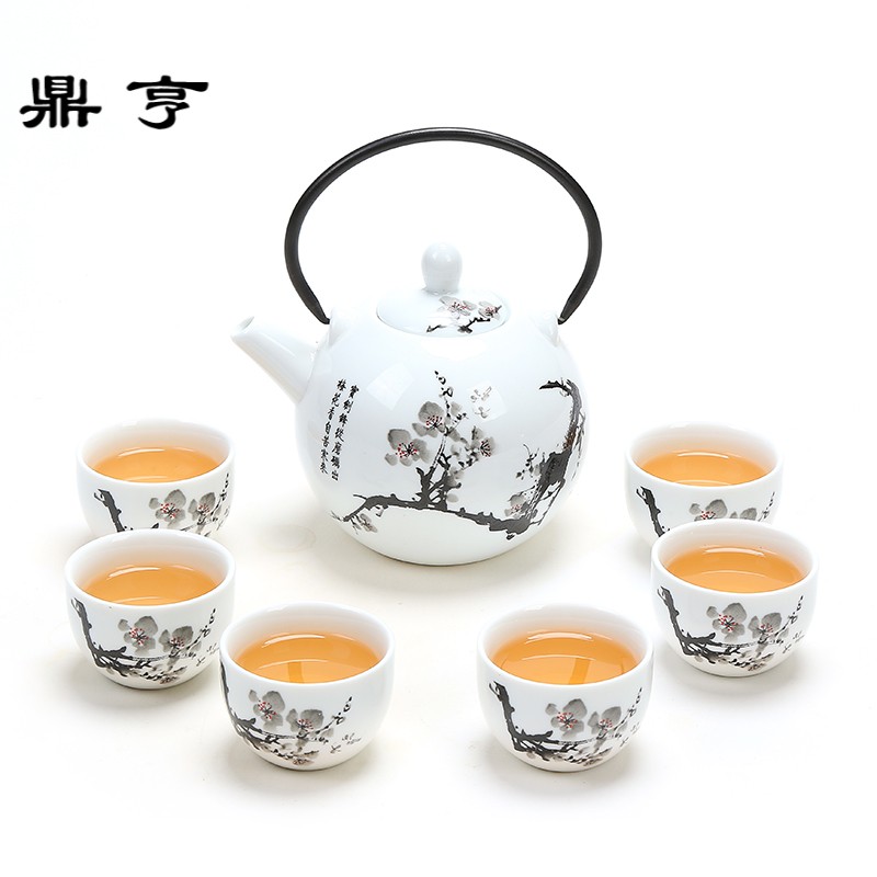 鼎亨日式提梁壶茶具整套一壶六杯陶瓷大号茶壶家用泡茶具青花瓷景