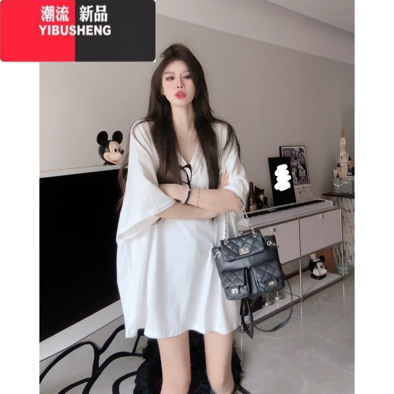 YIBUSHENG白色胖mm大码300斤落肩短袖T恤女季宽松慵懒风梨形身材连衣裙子