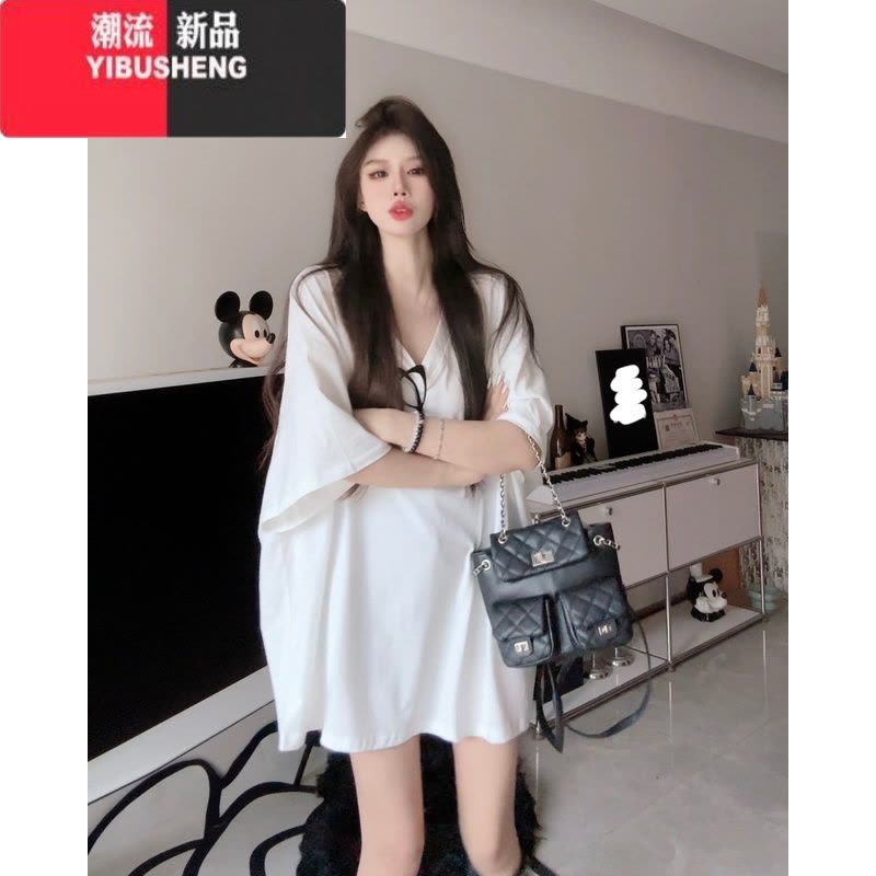 YIBUSHENG白色胖mm大码300斤落肩短袖T恤女季宽松慵懒风梨形身材连衣裙子图片