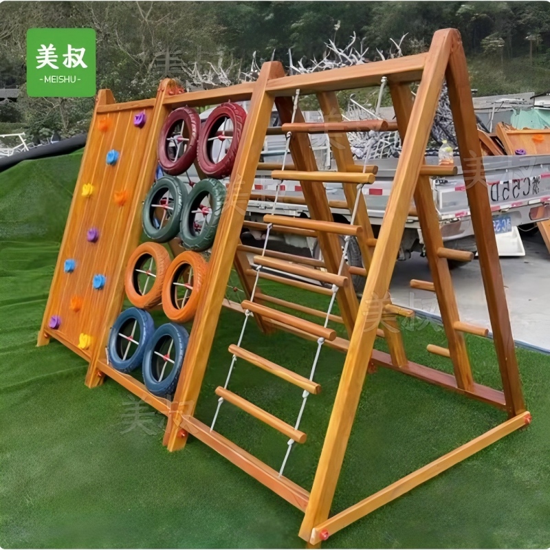 美叔儿童木质攀爬架户外攀岩墙轮胎感统体能训练器材搭配公园景区小区高清大图