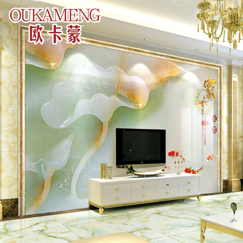 欧卡蒙OUKAMENG瓷砖背景墙3d玉雕荷花电视墙仿玉石微晶石影视墙装饰造型客厅雕刻艺术定制现代中式背景墙砖 家和富贵