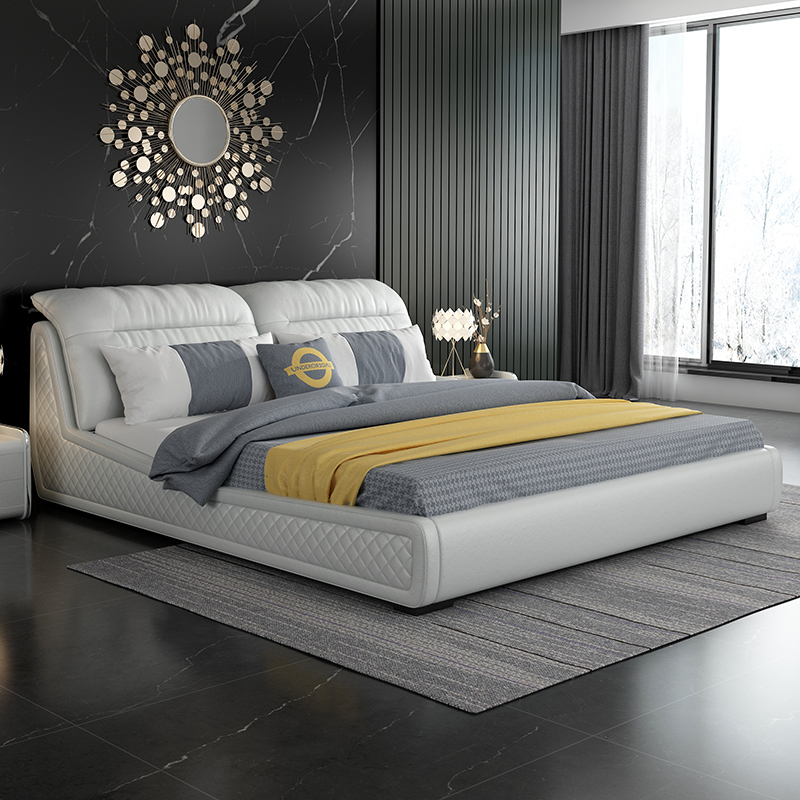 登喜华菲北欧式双人床真皮床简约12米小户型家具主卧室床18双人板式床