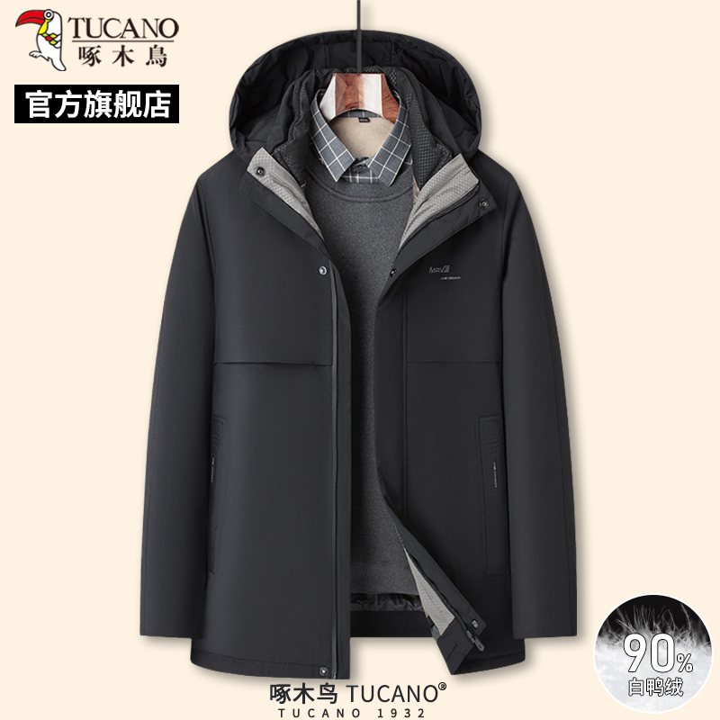 啄木鸟新款男士保暖羽绒服中老年爸爸装冬季可拆卸内胆外套上衣C高清大图