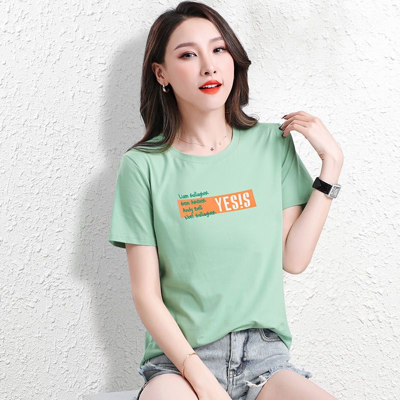 CACHE CACHE纯棉薄荷绿圆领短袖字母印花T恤韩系百搭宽松上衣ins