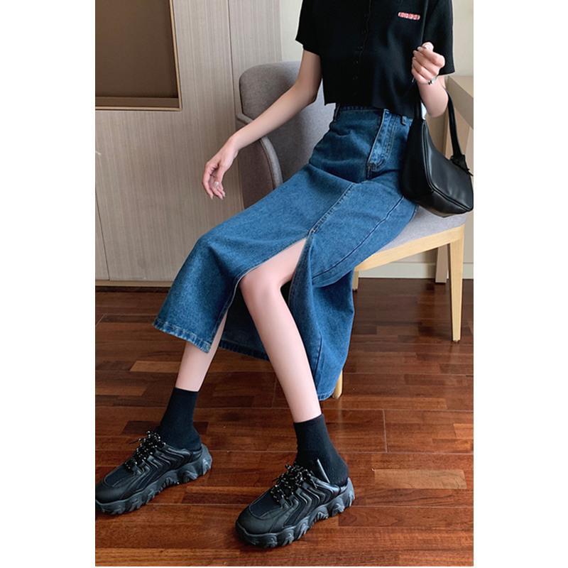 伊努特开叉牛仔半身裙女中长款2021春秋季大码胖mm包臀直筒高腰a字裙子