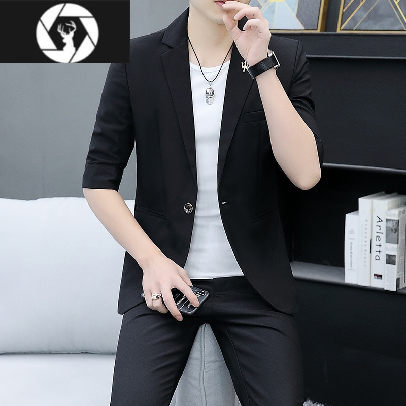 zun夏季七分袖西服套装男士韩版修身中袖薄款男装外套休闲短袖小西装