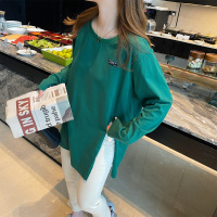 [1.5折价35元]唐狮 |春季长袖T恤女侧边开叉左胸织标圆领打底衫设计感潮