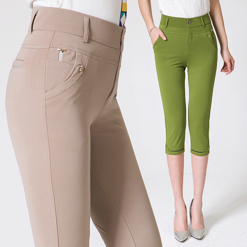 中年女裤高腰大码女装中裤七分妈妈妇女高腰7分短裤子fjq