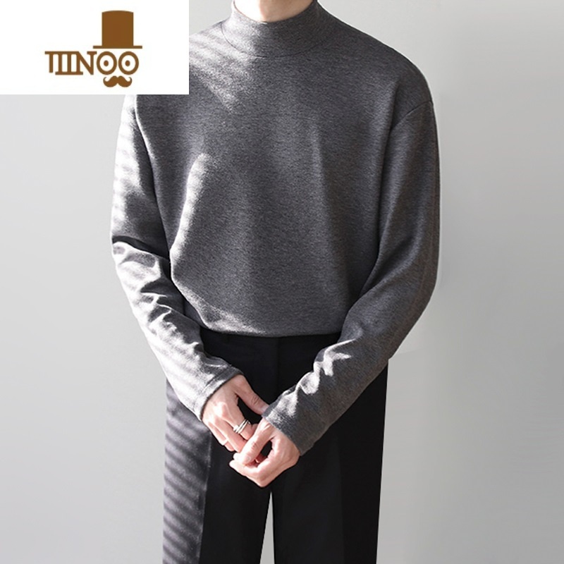 YANXU冬秋装上衣半高领双面绒德绒轻商务修身内搭保暖打底衫男长袖t绒高清大图