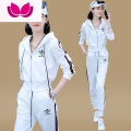 七斓卫衣套装女2023新款减龄显瘦时尚气质休闲运动服女装套 L 白拼黑套装