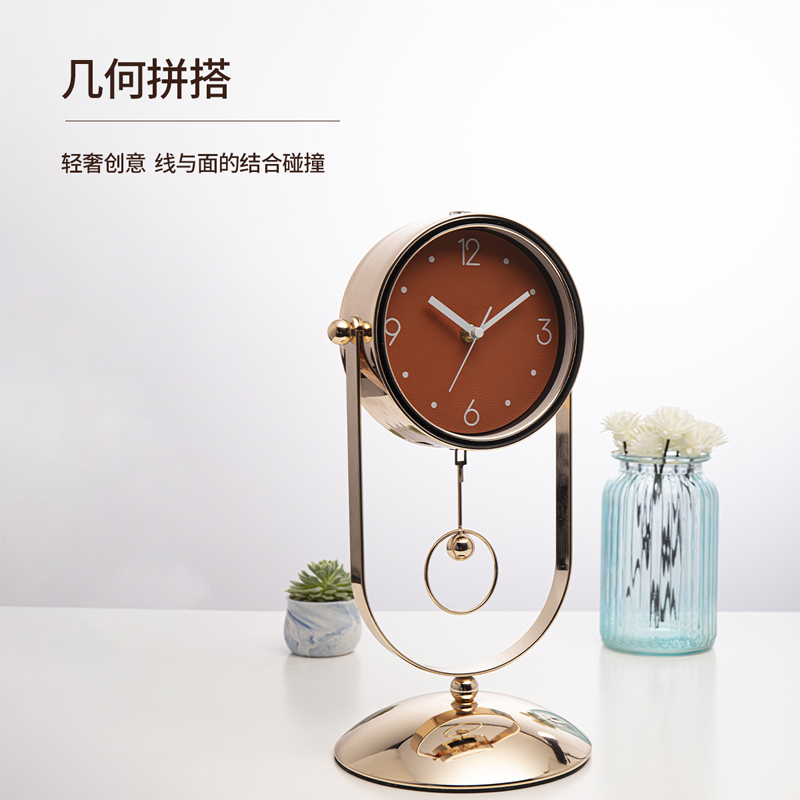 汉时(Hense)欧式轻奢金属夜灯装饰座钟客厅时尚石英时钟卧室摆件HD97高清大图