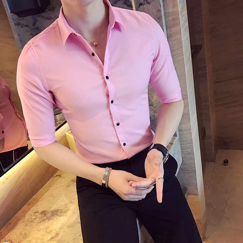 春装夏款2018年个性男士粉红色衬衫中袖粉色五分袖衬衣美店制服