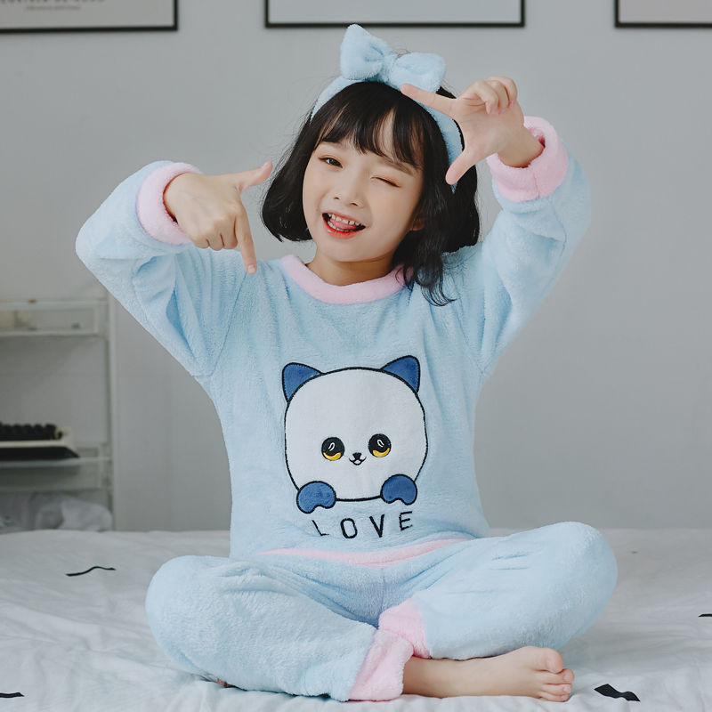 儿童睡衣女秋冬季法兰绒小孩宝宝卡通睡衣男童女童加厚家居服套装 蓝色小熊(蓝) (8码)建议身高95-110厘米