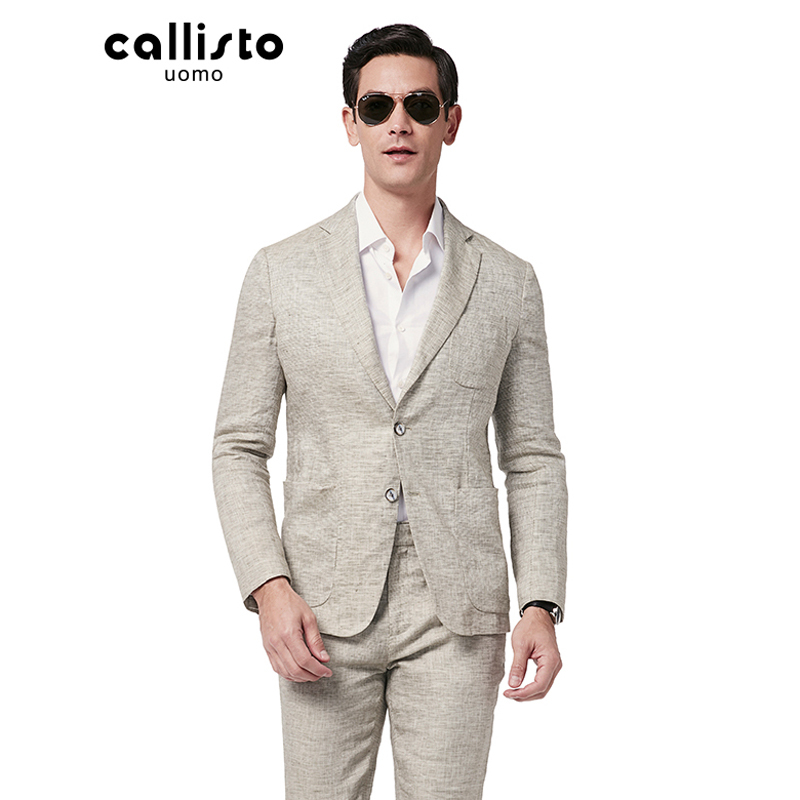 callisto卡利斯特秋季新品进口全麻商务休闲小西装豆绿色微肌理休闲