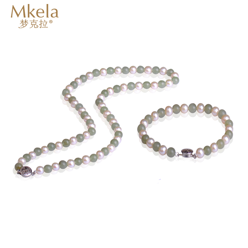 梦克拉 Mkela 925银和田玉珍珠套装项链手链 韵味 和田玉碧玉珍珠链 玉石银套链 女款高清大图