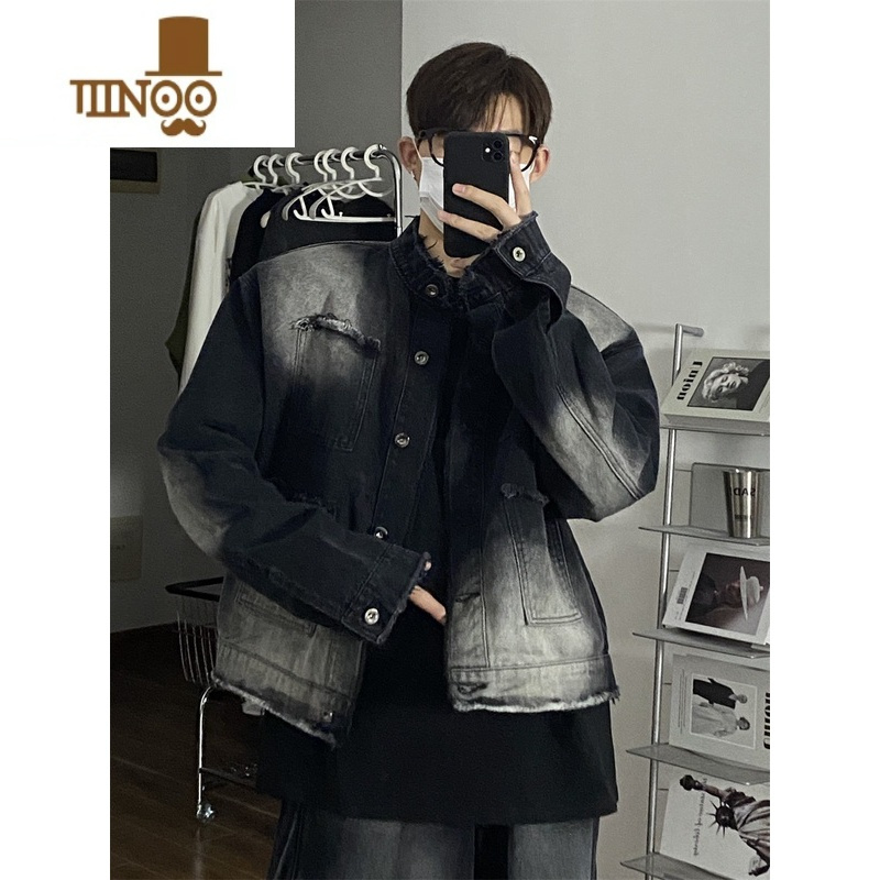 YANXU设计感小众毛边牛仔外套男高街潮牌复古水洗渐变宽松立领夹克