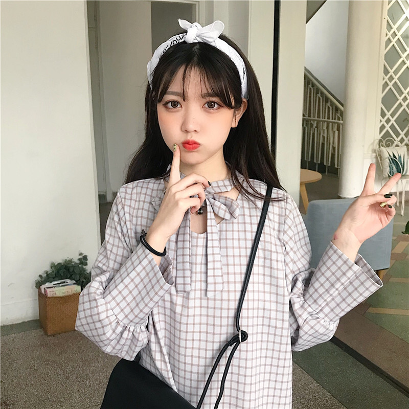春秋女装韩版宽松显瘦格子绑带灯笼袖中长款长袖连衣裙打底裙长裙
