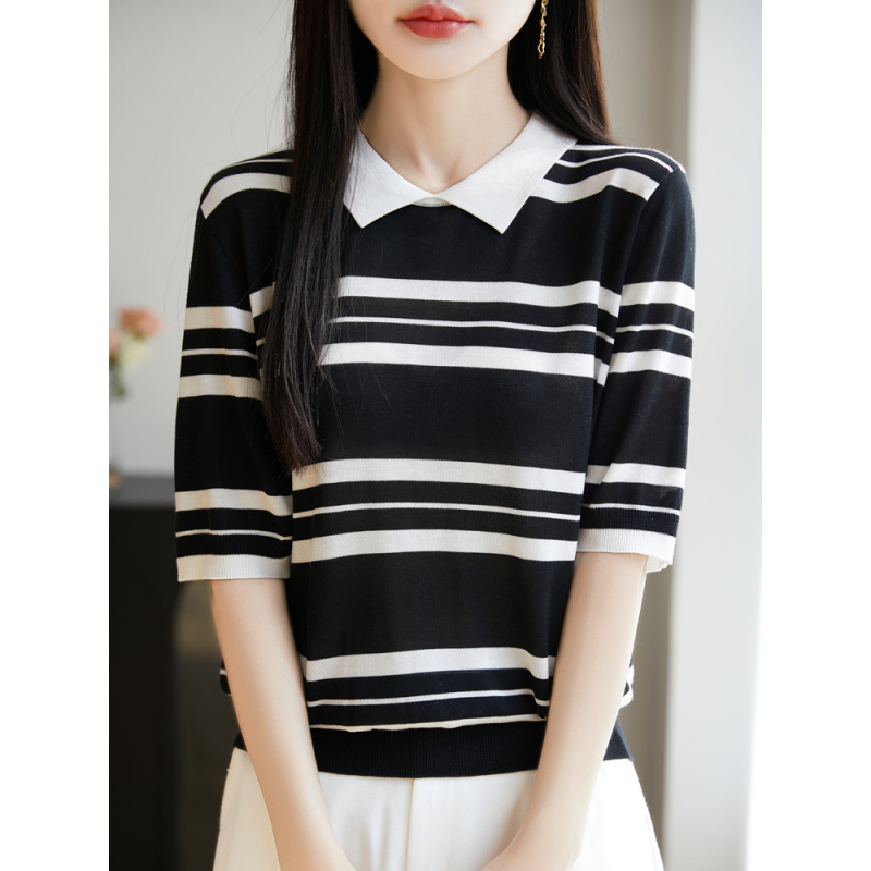 25夏季新款天丝娃娃领条纹短袖女百搭针织衫上衣打底休闲显瘦打底