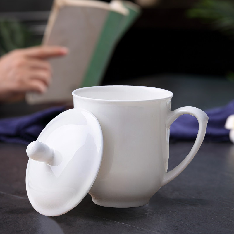 茶杯办公杯陶瓷杯纯白骨瓷带盖会议杯 单位:个