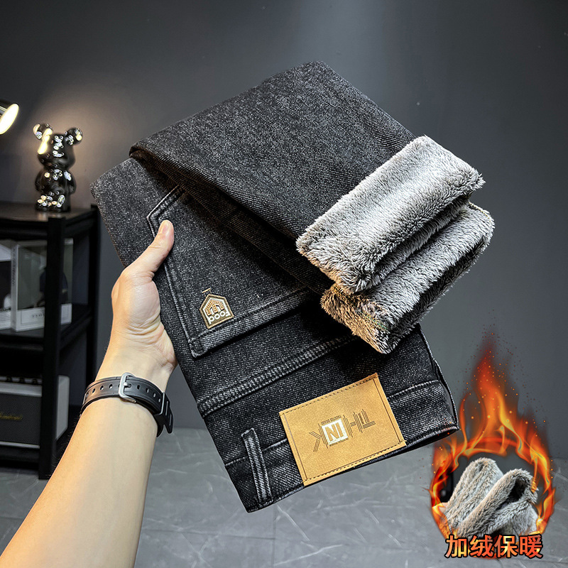 雪狐绒加绒牛仔裤男柔软一体绒修身弹力保暖厚款男裤高端高清大图