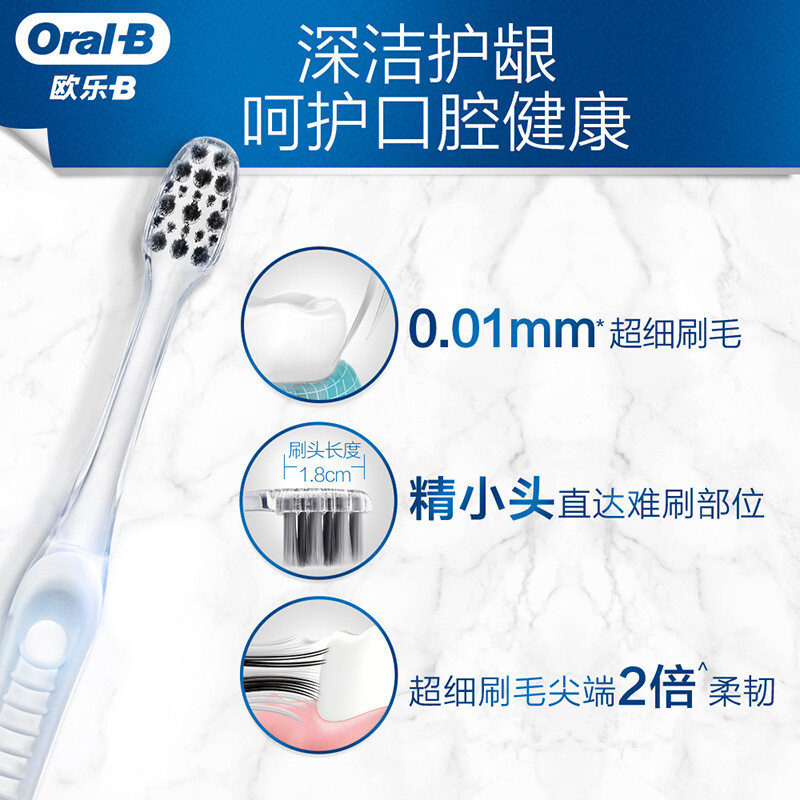Oral-b欧乐B成人手动牙刷家庭情侣男士女士牙缝刷超细毛护龈-微米银抗菌12支装