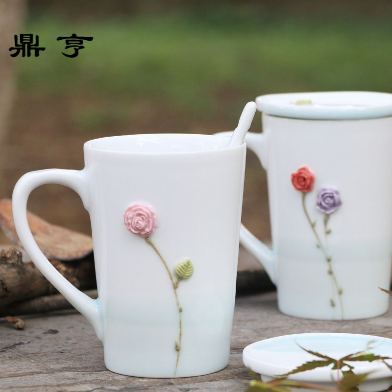 鼎亨可爱陶瓷水杯马克杯带盖勺大容量 创意定制情侣水杯咖啡杯牛