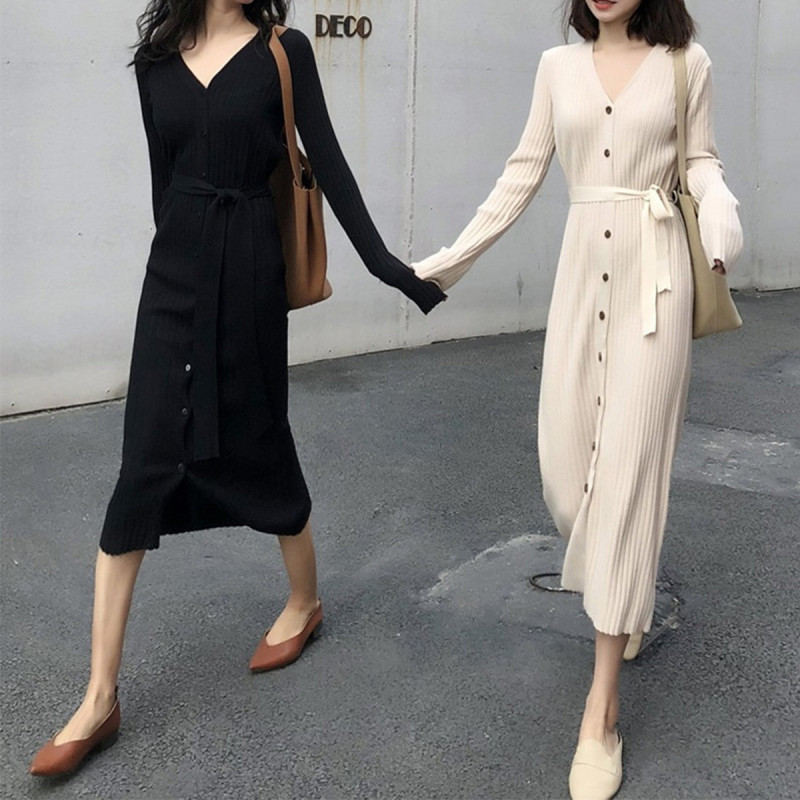 [1.5折价96元]唐狮针织连衣裙长袖修身韩版时尚显瘦气质百搭长裙潮