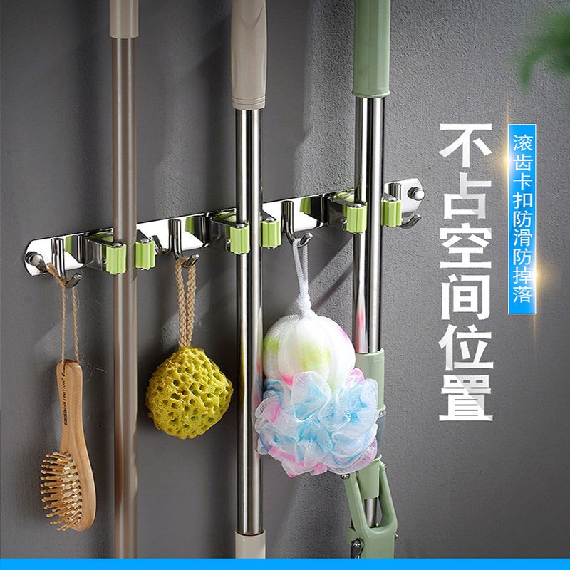 粘钩强力不锈钢厨房门后墙面304挂衣钩架子无痕免打孔拖把挂钩贴|环保绿 304拖把架[3个装]方形带钩