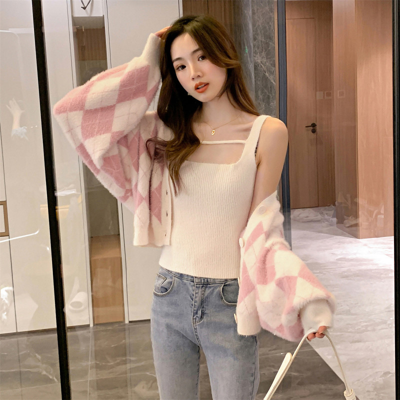 唐狮秋冬女菱格长袖开衫吊带百搭温柔仙女风时尚减龄韩系