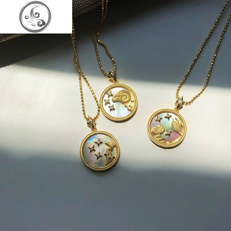 纯银镀金七彩天然贝母星座钱币项链锁骨链复古小众coin JiMi高清大图