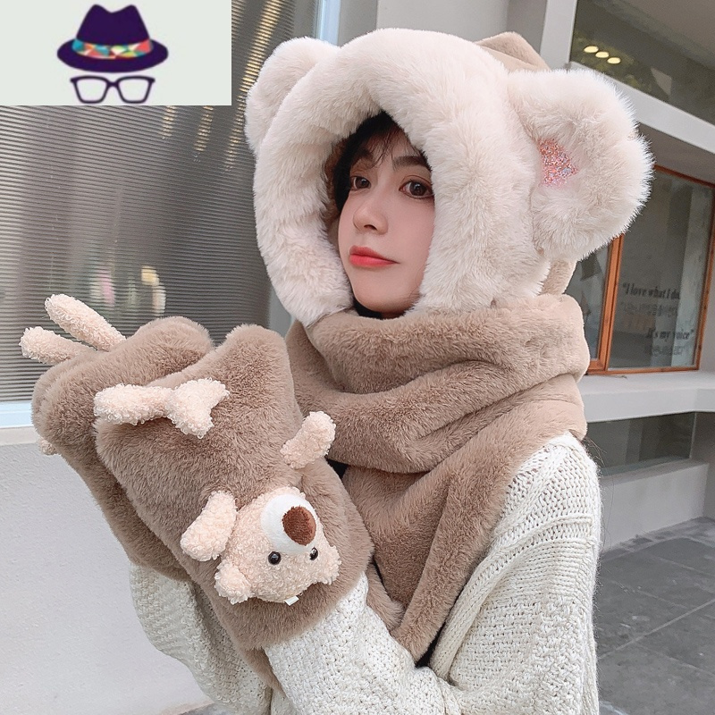 小熊帽子围巾手套一体女秋冬可爱保暖韩版百搭加厚护耳连体围脖帽fish