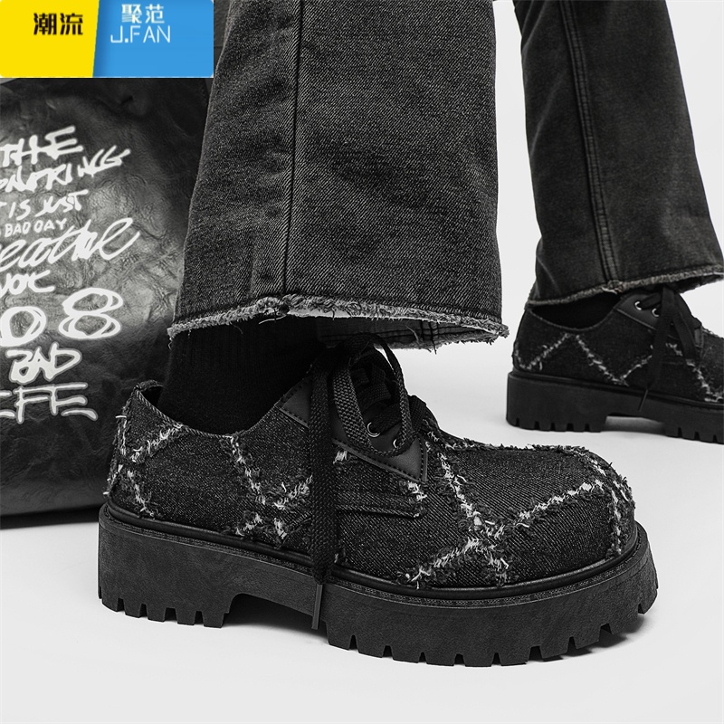 聚范男鞋秋季小众破洞帆布米奇黑色板鞋男厚底增高休闲大头德比鞋高清大图