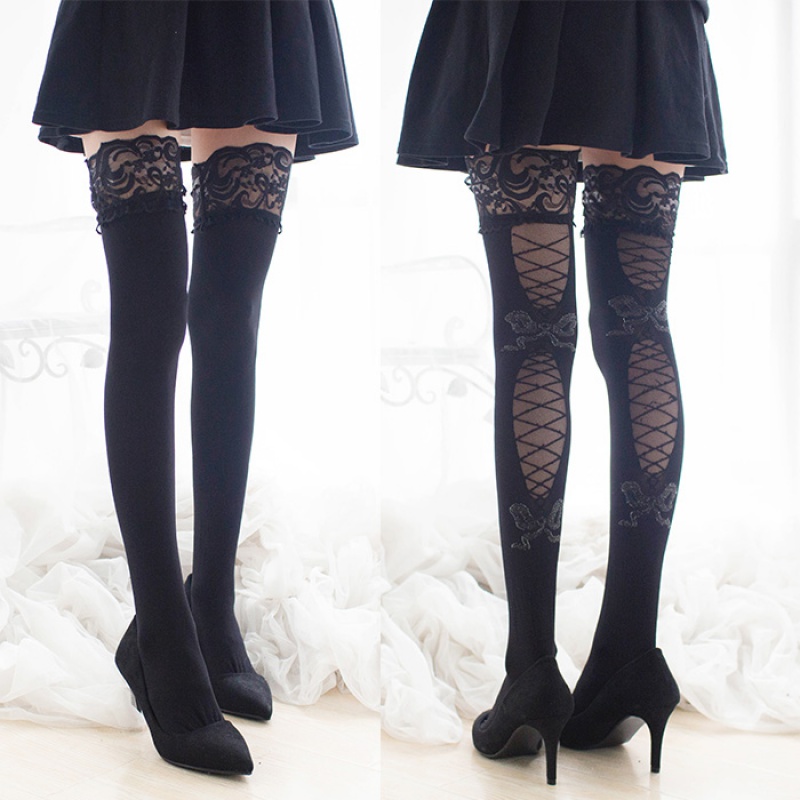 高长筒袜蕾丝边女防滑过膝黑丝袜大腿吊带袜 宽蕾丝花边背后花边款
