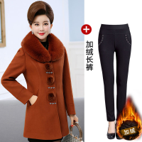 迪鲁奥（DILUAO)【新款妈妈装】 缤纷圣诞季妈妈装外套女冬装40岁50中年秋装毛呢上衣2019新款中老年呢子_145 焦糖色+黑色加绒长裤 5XL适合150-170斤