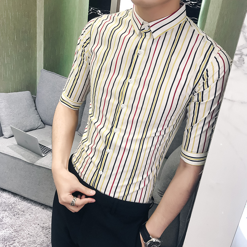 青年男士条纹衬衫夏季韩版修身型师夜店短袖衬衫五分袖寸衫上衣