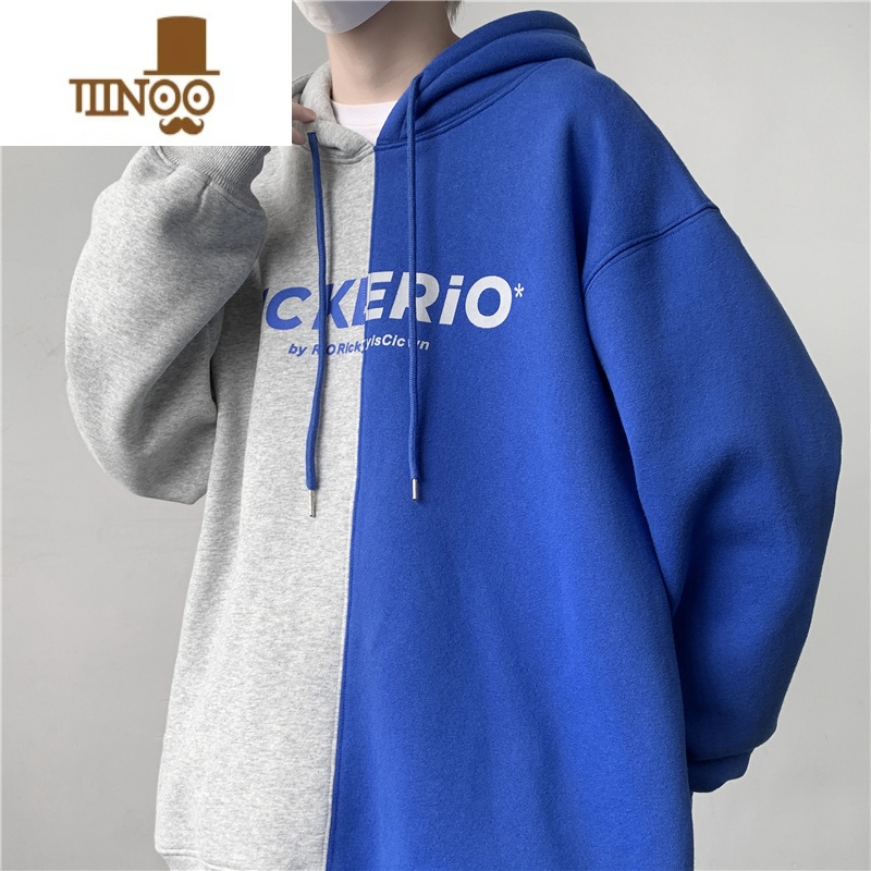 YANXU撞色拼接连帽卫衣男港风宽松慵懒风奶系穿搭潮牌oversize外拼高清大图