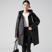 2024新款冬季鸭绒真皮羽绒服女中长款绵羊皮大码连帽宽松外套 黑色 3XL