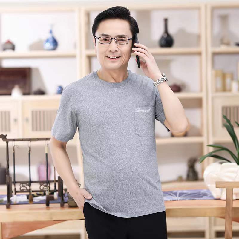 中年男士短袖棉质t恤爸爸夏装棉质汗衫中老年人男装夏天上衣宽松莎丞