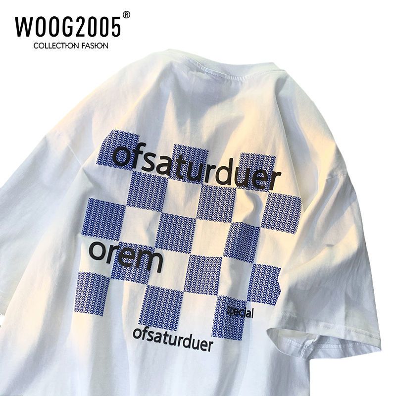 WOOG2005棋盘格短袖男夏季t恤oversize潮牌宽松七分袖潮流体恤衫