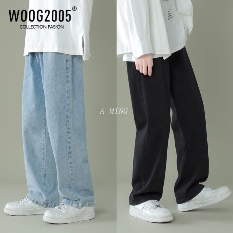 WOOG2005牛仔裤男夏季ins潮牌宽松直筒长裤韩版潮流休闲阔腿裤子图片